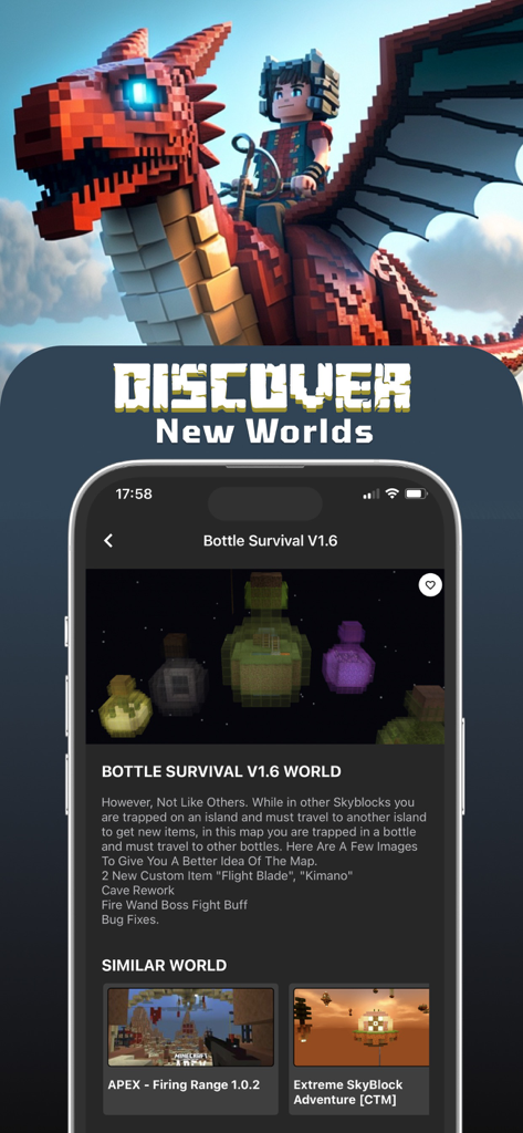 Mine Maps for Minecraft PE - Interface of the Mine Maps for Minecraft PE app showing survival maps and a character riding a red dragon.