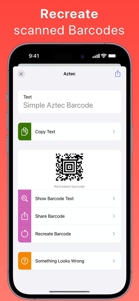 QR Barcode Generator Scanner - Interface of the QR Barcode Generator Scanner app showing a recreated Aztec barcode with options to share and copy text