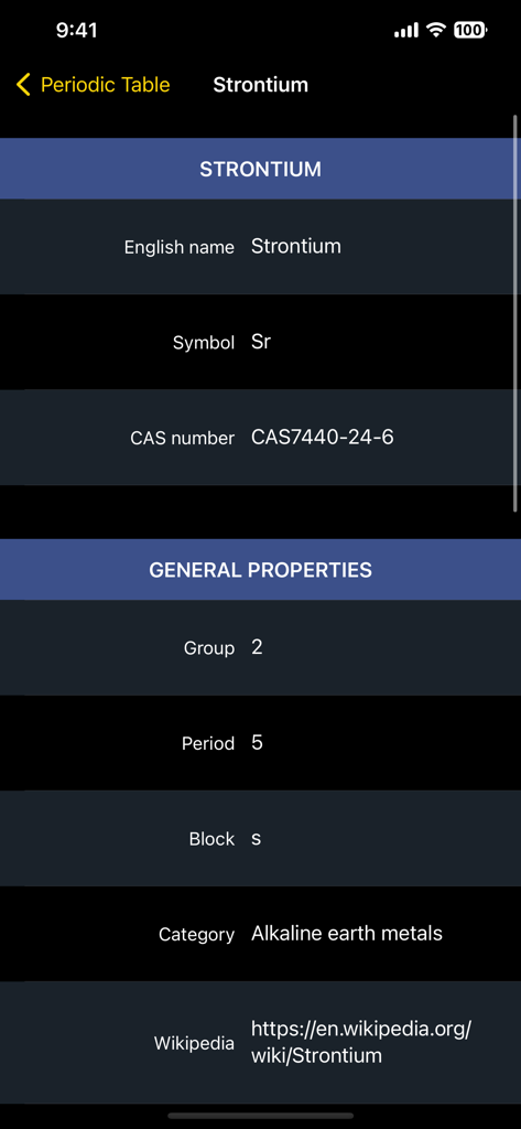 A screenshot of the Periodic Table of Elements plus app showing chemical properties and Wikipedia link for Strontium.