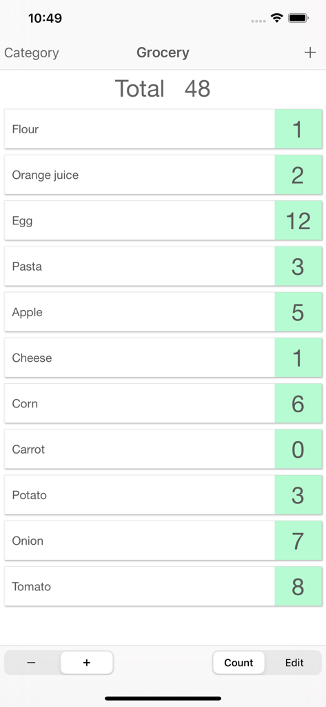 A grocery inventory list in the Counters plus app showing various food items with their current stock counts and a total sum of forty eight.