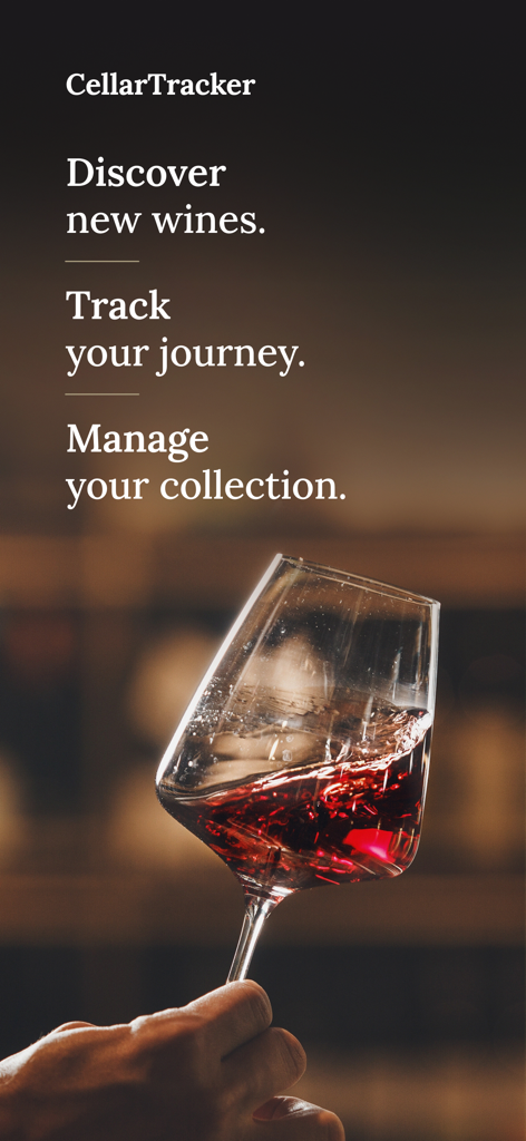 CellarTracker: #1 Wine Tracker - 와인 잔을 들고 있는 손과 CellarTracker 앱의 와인 컬렉션 검색 및 관리 기능