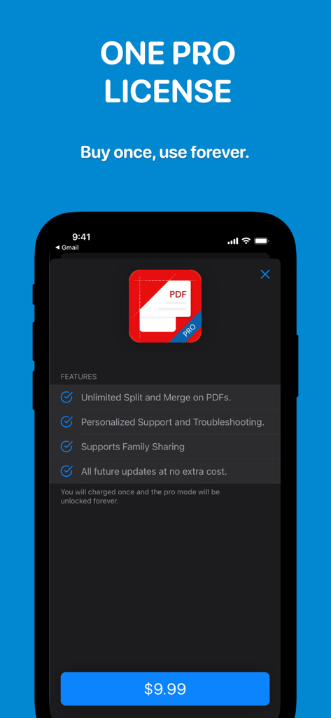 PDF分割・結合Proライセンス画面。生涯購入のメリットが表示されています。