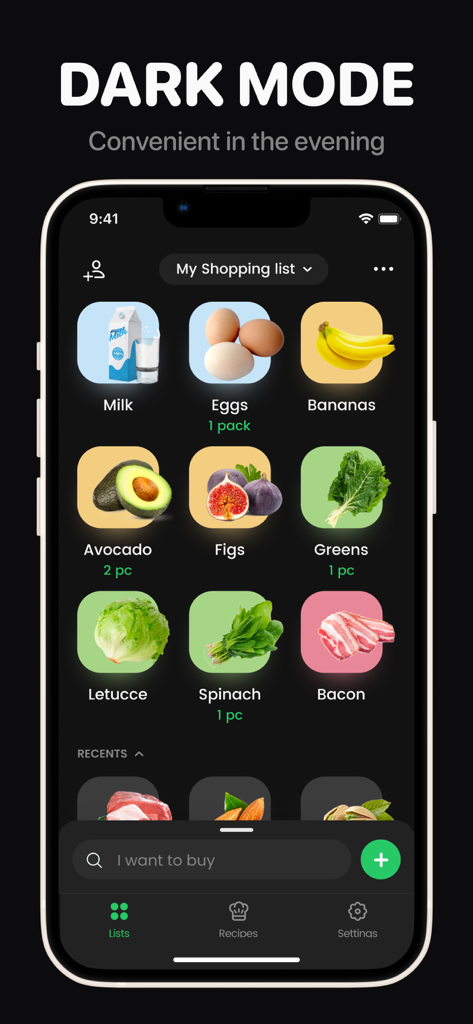 Interfaz de la aplicación ToBuy en modo oscuro que muestra una lista de la compra con iconos visuales de artículos como leche, huevos y productos frescos.