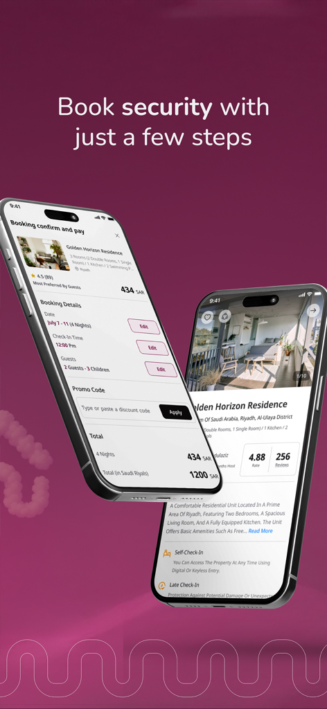 Homa‎ - Dos pantallas de iPhone que muestran los detalles de la propiedad de la aplicación Homa para una residencia y una página de confirmación de reserva segura