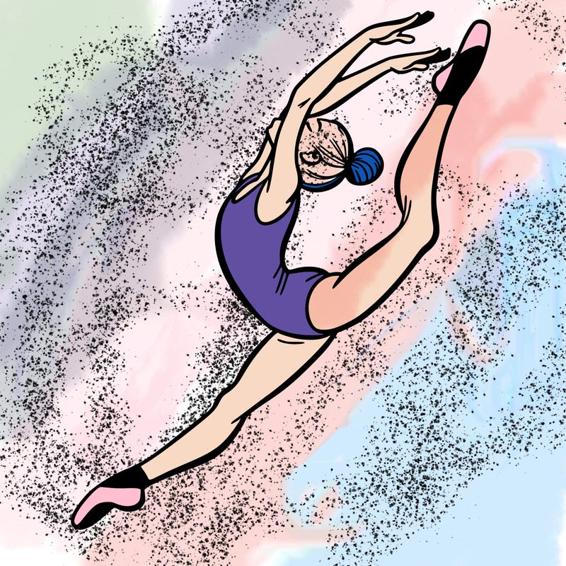 gymnast doing a leap in a leotard with a bent back leg