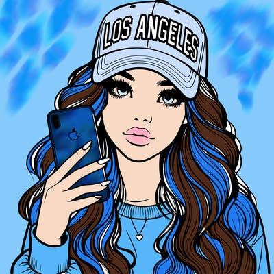 realistic beautiful girl wearing los ángeles cap holding an iphone