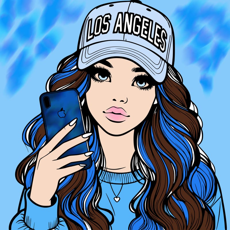 realistic beautiful girl wearing los ángeles cap holding an iphone