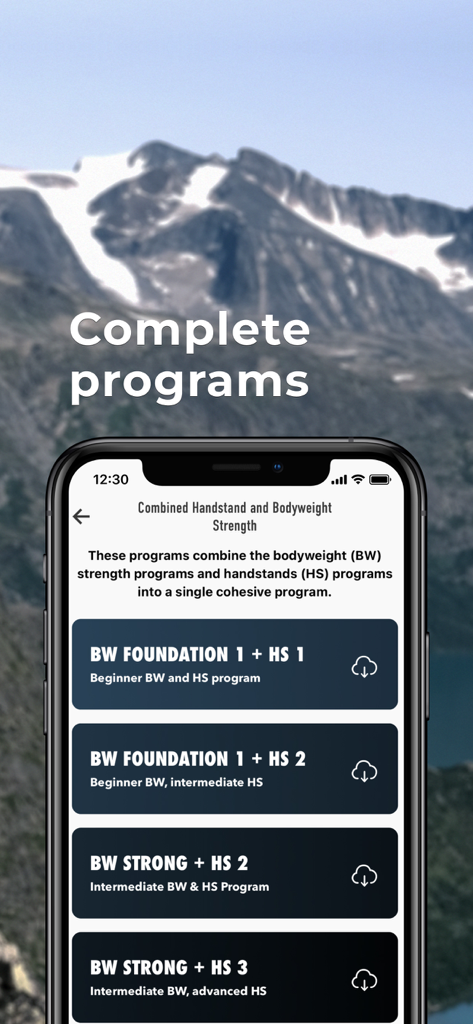 Berg Movement - Berg Movement app screen displaying bodyweight and handstand training programs