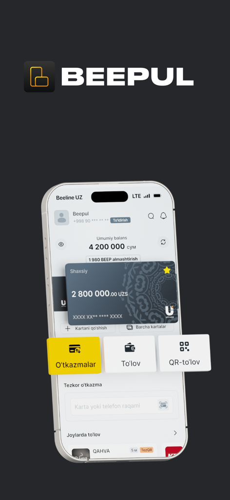 Interfaz de la aplicación Beepul en un teléfono móvil que muestra opciones de transferencia financiera y pago en Uzbekistán