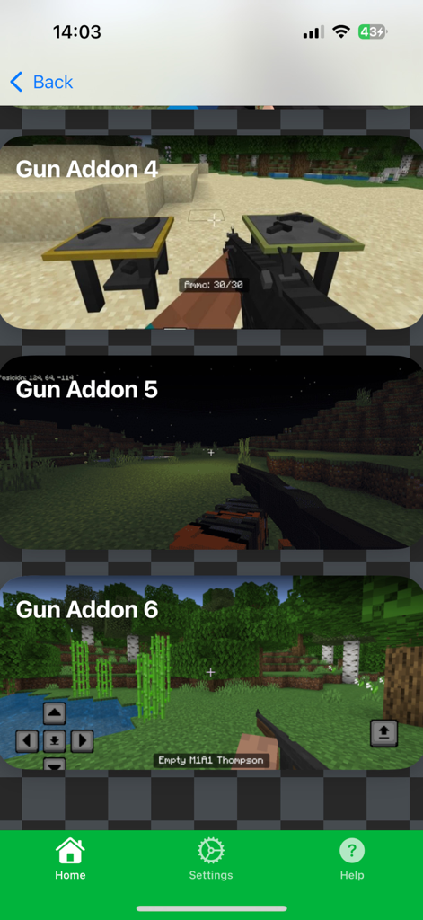 Gun Addons for Minecraft - Interfaz de la aplicación Addons de Armas para Minecraft mostrando una selección de mods de armas con vistas previas de juego dentro del juego.