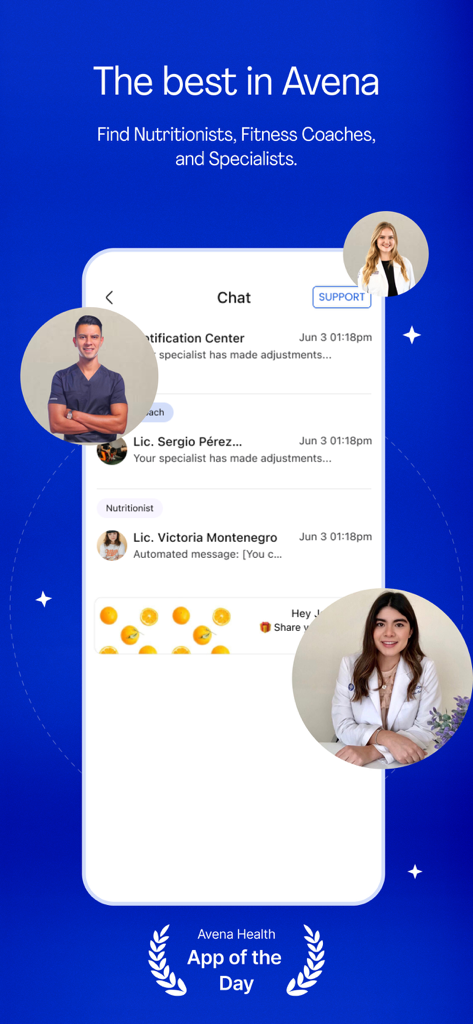 Avena Health app interface showing chat conversations with certified nutritionists and specialists