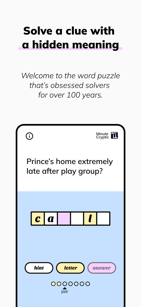 Minute Cryptic - Minute Cryptic app interface showing a daily word puzzle clue with answer boxes and hint buttons