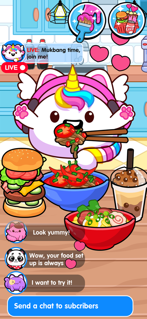 A cute unicorn character eating ramen during a simulated mukbang livestream with interactive chat comments and various food items.