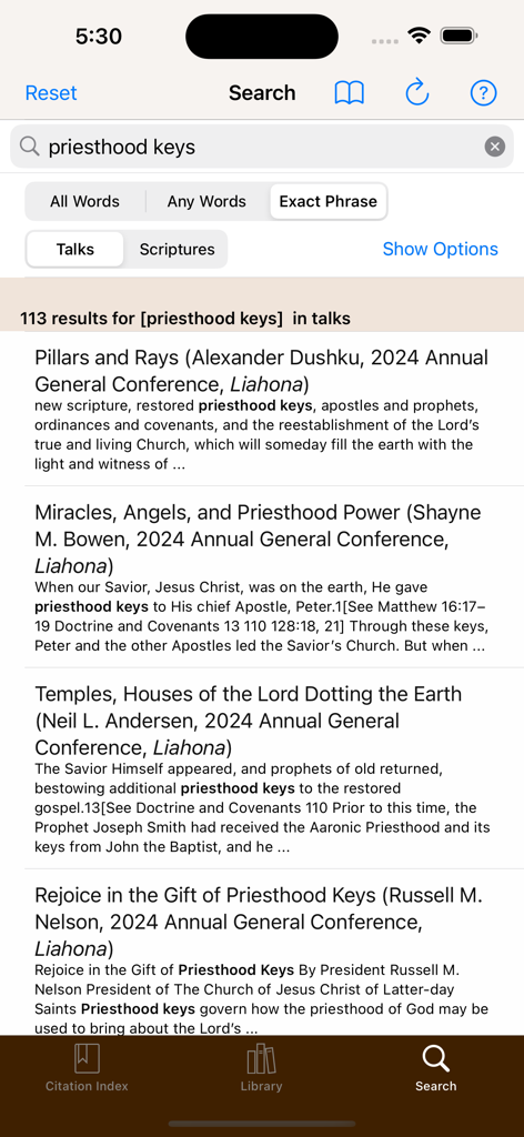 Search results screen in the Scripture Citation Index app showing General Conference talks referencing the phrase priesthood keys.