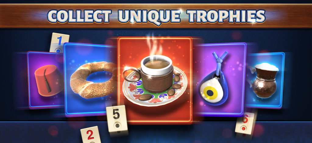 101 Okey - Exibição de troféus colecionáveis exclusivos no 101 Okey com itens culturais turcos como café, um chapéu fez e um olho grego