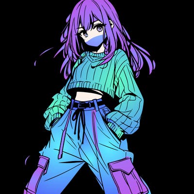 anime teen girl with baggy pants and crop top with sweater