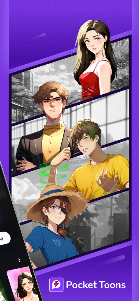 Pocket Toons: Webtoons & Manga - Collage of diverse anime characters from Pocket Toons webtoon stories