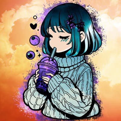 manga girl drinking boba in cozy sweater