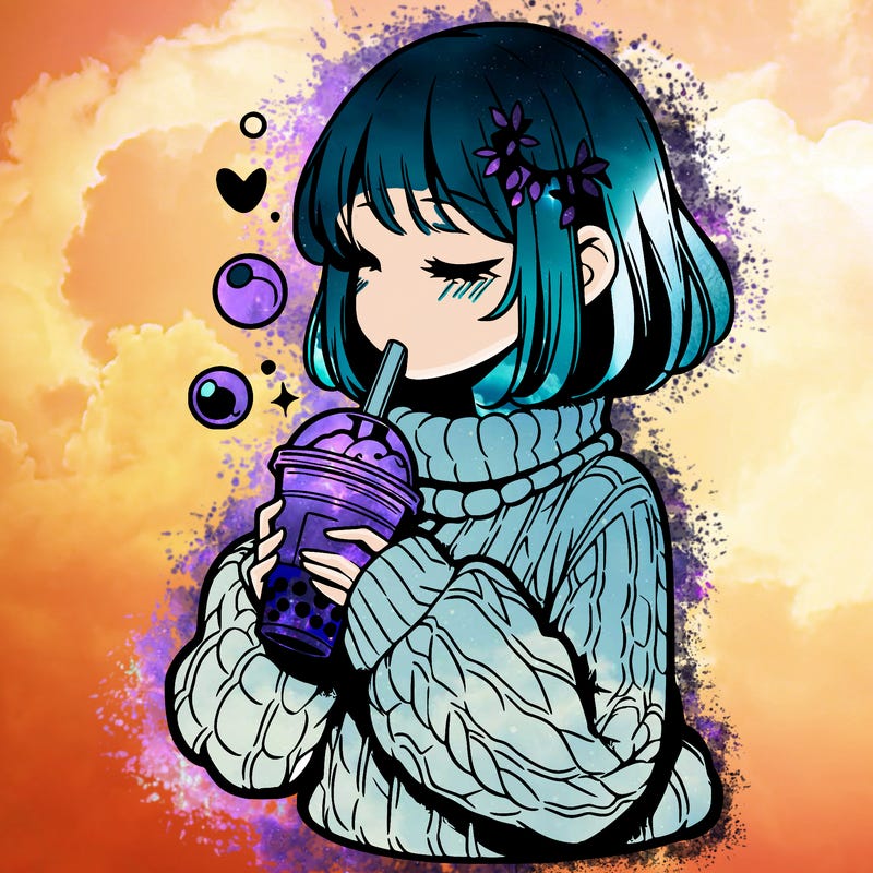 manga girl drinking boba in cozy sweater
