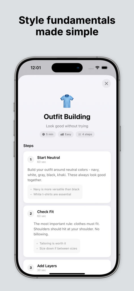 Brad: Face Care & Grooming - スタイル基本と題されたモバイルアプリのインターフェースで、男性がニュートラルカラーから始めて適切なフィット感を確認する服装構築のためのステップバイステップガイドを表示
