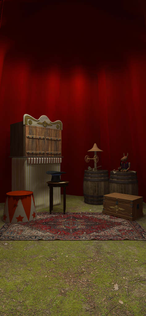 Room Escape Game-Pinocchio - Circus themed puzzle room in Pinocchio escape game with a puppet theater and wooden props.