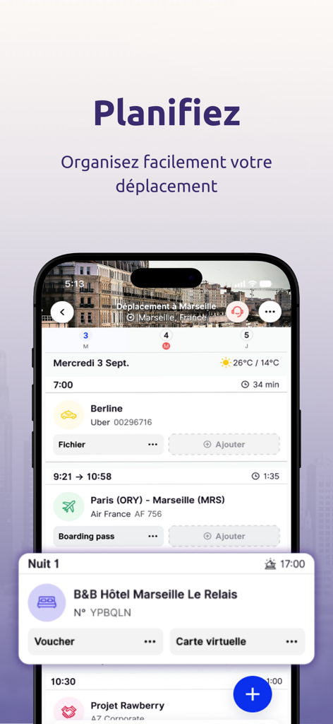 Mobile app interface of CDS App showing a detailed business trip itinerary including flight and hotel information