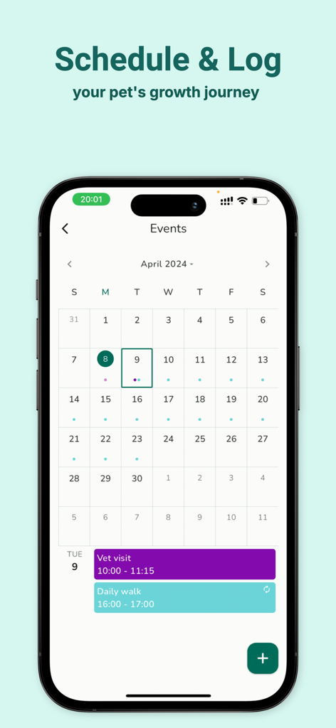Furry Friend : Pet Care App - Smartphone displaying the Furry Friend app calendar with scheduled pet events including a vet visit and daily walk.