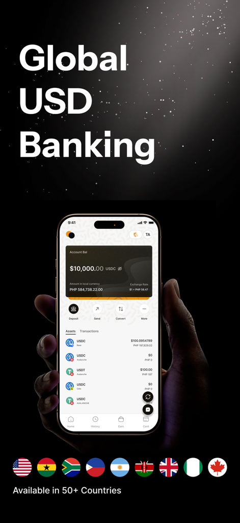 Hurupay - Global USD Banking - Hurupay app interface displaying a USD account balance and international country flags