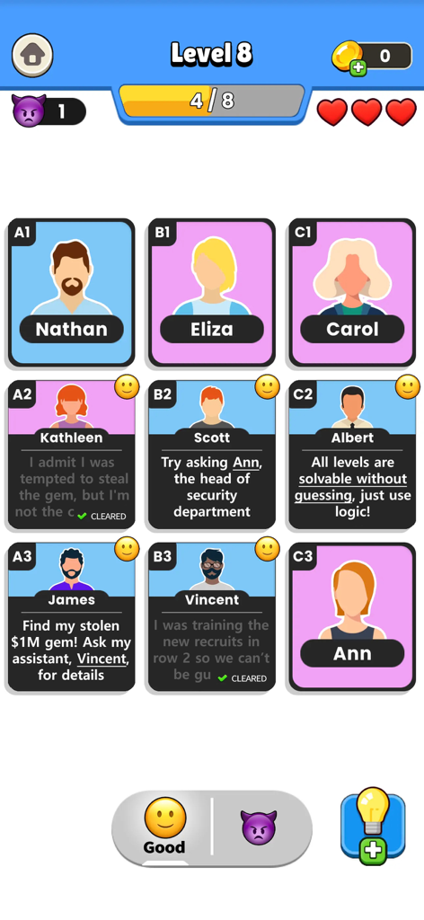 Clue Master - Logic Puzzles - Gameplay screen of Clue Master Logic Puzzles featuring a grid of suspect cards and detective clues