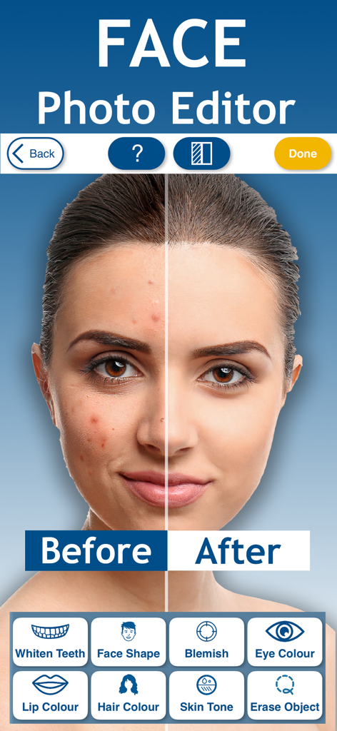 Perfect Face Photo Editor - Before and after face editing comparison showing skin smoothing and blemish removal