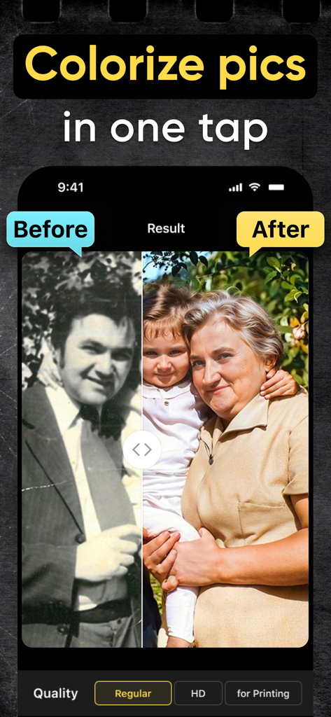 Yore: AI Restore Old Photos - A before and after comparison of an old black and white family photo colorized and restored using AI.