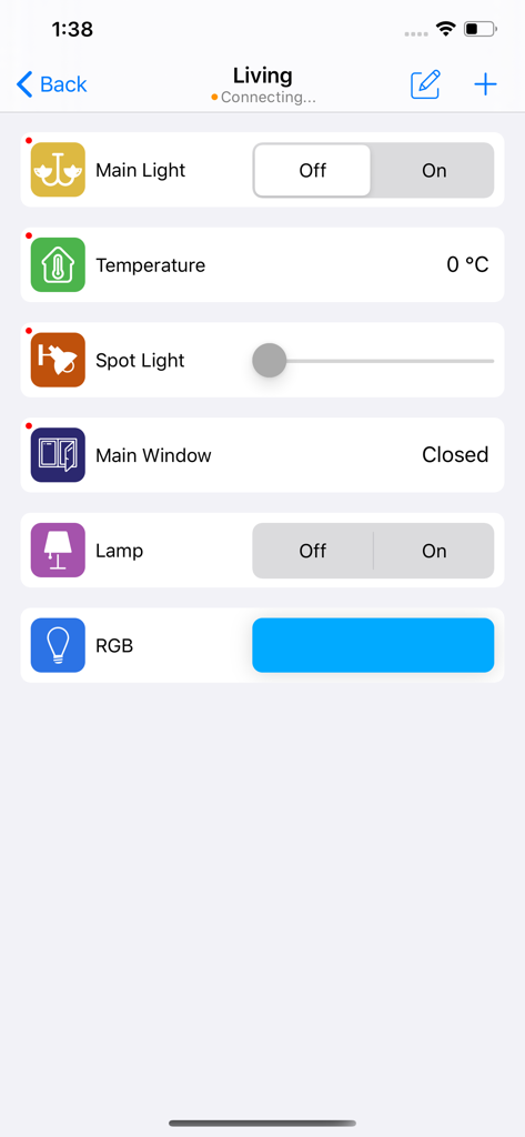 Interfaz de la aplicación Easy KNX que muestra controles del hogar inteligente para una sala de estar, incluyendo luces, temperatura y estado de las ventanas