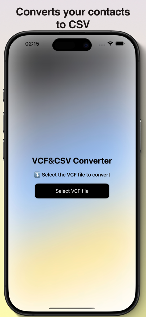 VCF und CSV Konverter App-Oberfläche auf dem iPhone, die die Option zur Auswahl einer Datei für die Konvertierung anzeigt
