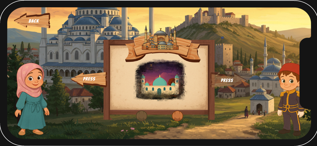 Build Your Mosque - Main menu screen of Build Your Mosque game showing two child characters and a mosque design preview