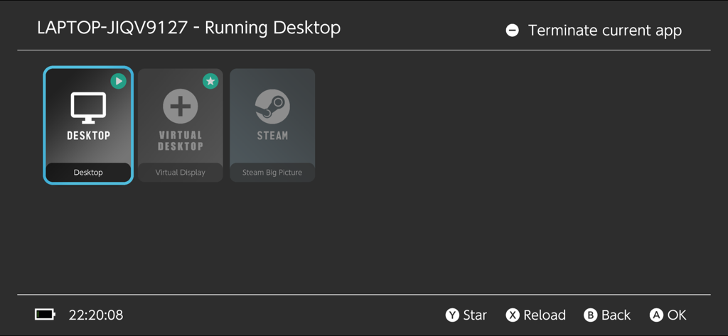 Moonlight - Interfaz de la aplicación Moonlight que muestra opciones para transmitir Escritorio, Escritorio Virtual o Steam desde un PC anfitrión.