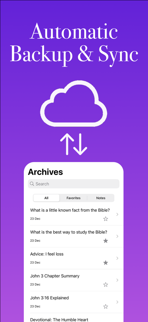 Bible Ace: AI Bible Study - La aplicación Bible Ace muestra copias de seguridad y sincronización automáticas con sesiones de estudio archivadas.