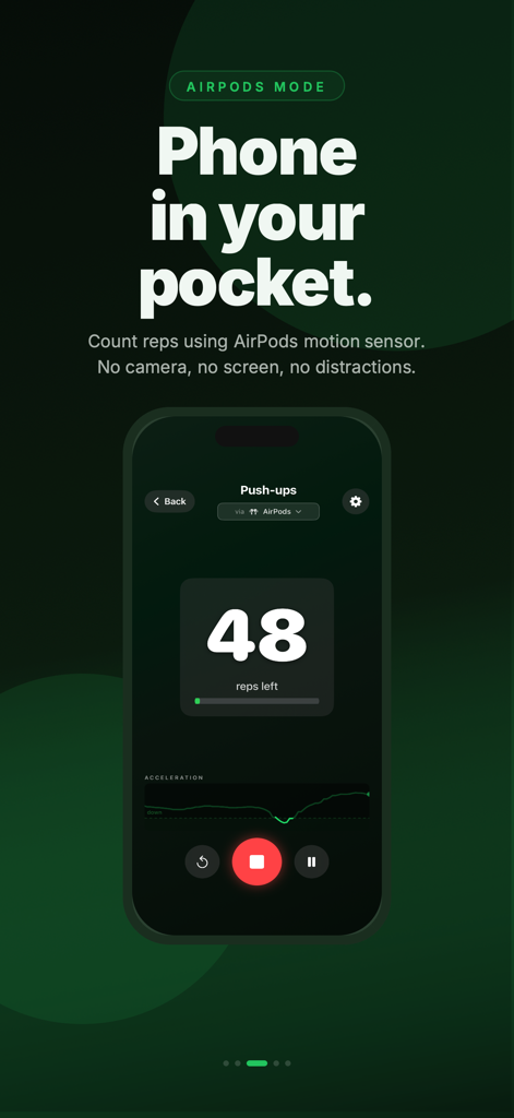 Rep Counter: Workout Tracker - Rep Counter workout tracker showing AirPods mode for automatic rep counting with phone in pocket