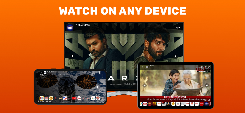 TV One app displaying Indian movies and news on a television, tablet, and smartphone