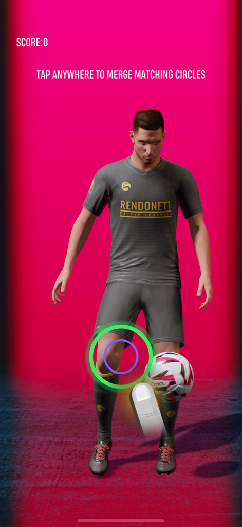 Un jugador de fútbol haciendo malabares con un balón en el minijuego de la aplicación móvil UFL con un fondo rosa.