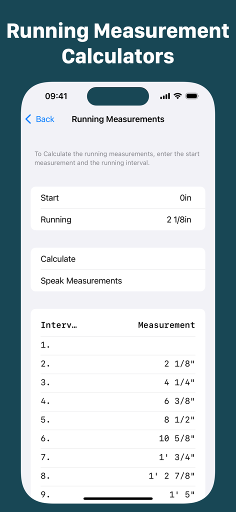 Chippy Tools: Construction - Interface of the Chippy Tools construction app showing a running measurement calculator with a list of fractional inch intervals.