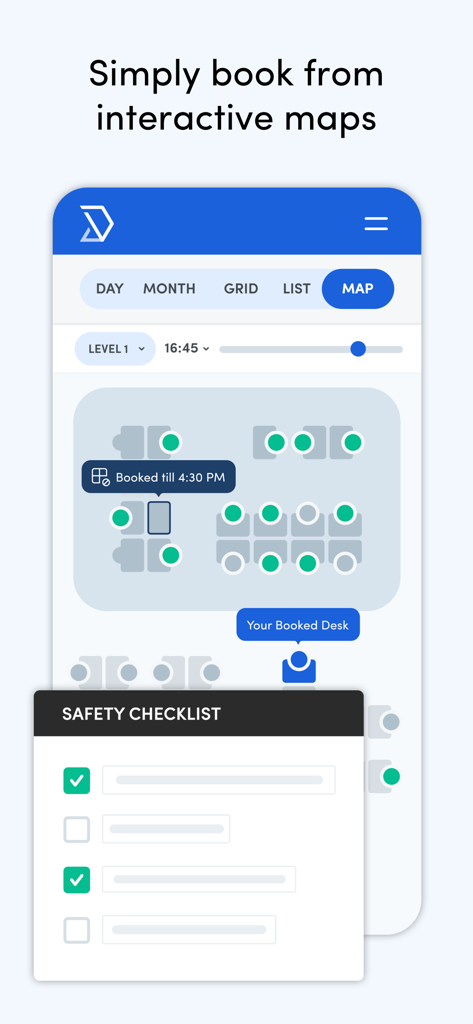 Skedda app interface showing an interactive map for booking desks and a safety checklist overlay