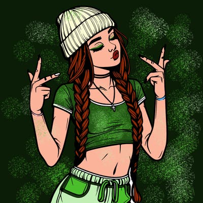 realistic teenage girl with braids and a beanie and crop top doing 🫶🏼