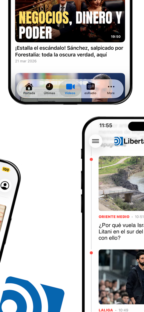 Libertad Digital - Mobile interface of Libertad Digital app displaying Spanish news and videos