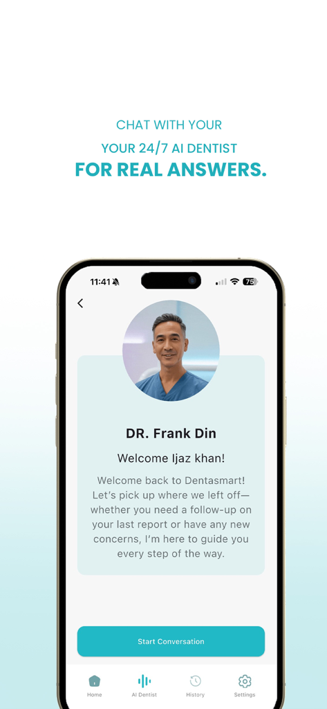 DentaSmart - Écran de l'application mobile DentaSmart montrant l'interface de chat avec un dentiste IA disponible 24h/24 et 7j/7 nommé Dr Frank Din