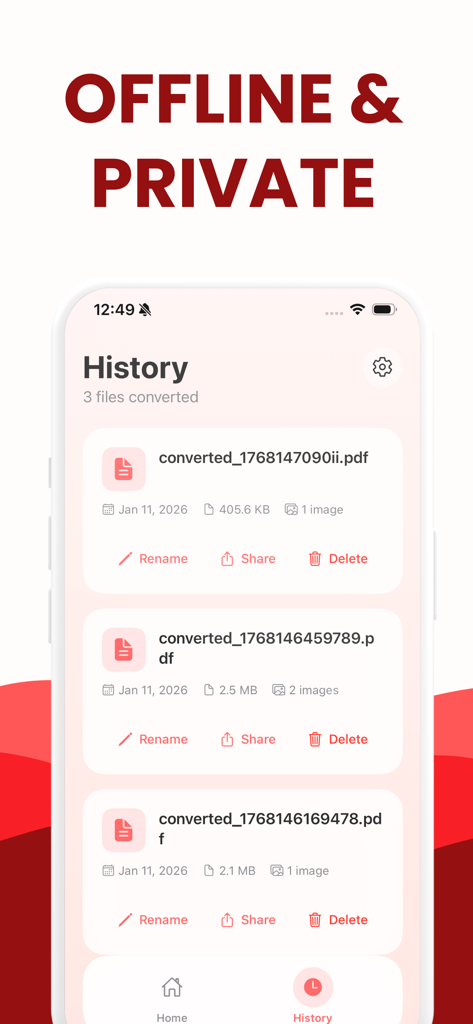 JPG to PDF: Convert Picture to - Lista del historial de archivos PDF convertidos en la aplicación que muestra opciones para renombrar, compartir y eliminar