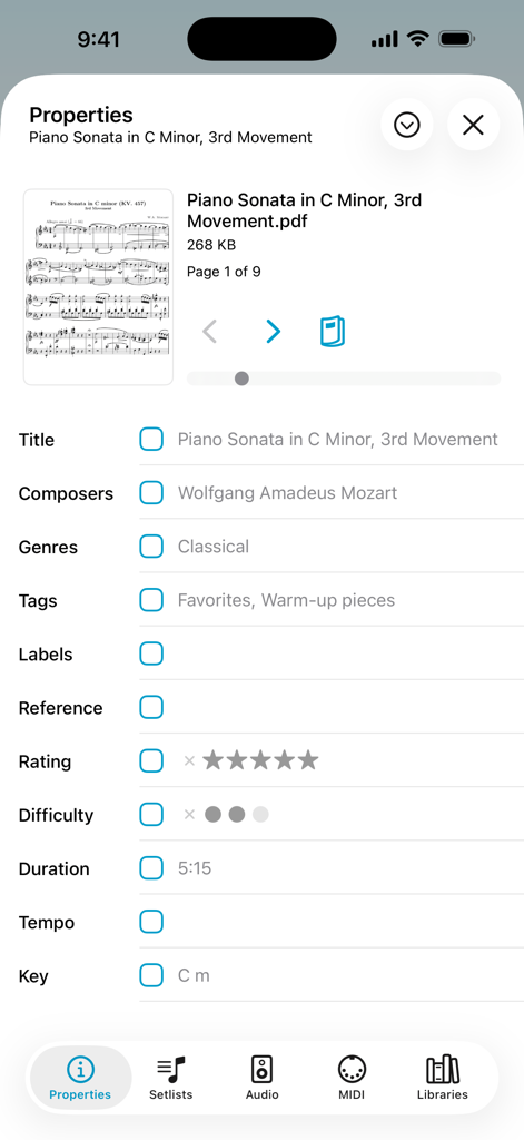 forScore - forScore app interface showing the metadata properties panel for a Mozart piano sonata digital score