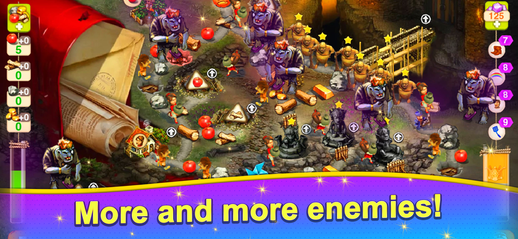 Brownies 2 게임 플레이 스크린샷으로, 캐릭터들이 마법 세계에서 트롤 적들과 마주하며 리소스를 관리하는 모습을 보여줍니다.