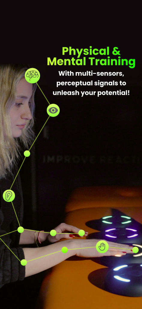 CatchPad - A woman training her reaction time and cognitive skills with CatchPad sensor pods