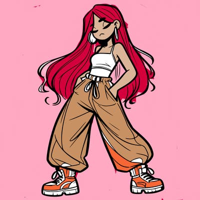 girl in baggy pants crop top and long hair