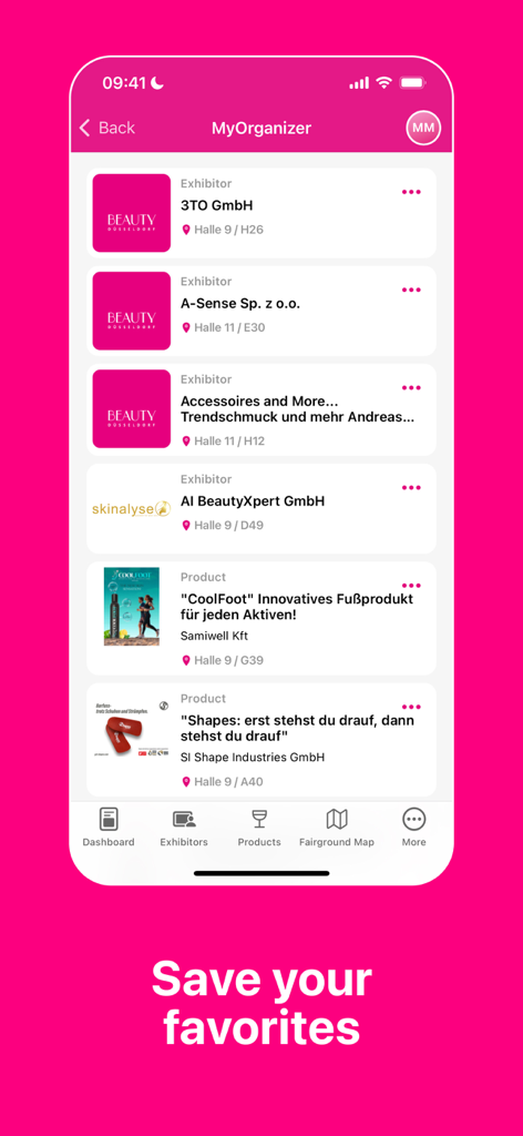 Der MyOrganizer-Bildschirm in der BEAUTY DÜSSELDORF App zeigt eine Liste von favorisierten Ausstellern und Produkten